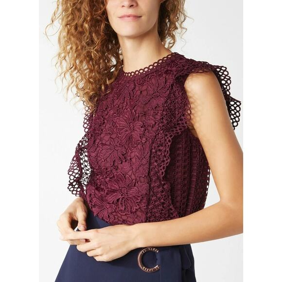 Ted Baker Zania Ruffle Mixed Lace Blouse Maroon Women’s 2 US6 Romantic Coquette - Picture 16 of 16